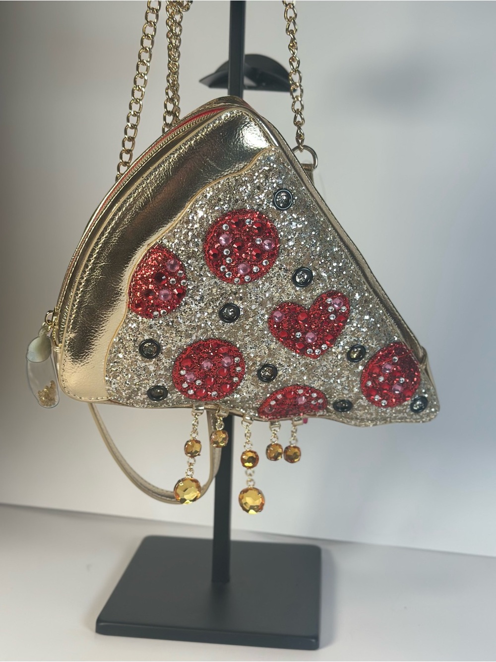 RARE New w/ Tags Betsey Johnson Gold Sequin Pizza Slice Crossbody with Red GemS